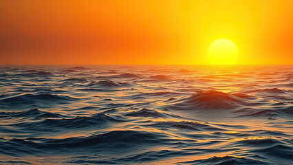 Obraz premium Soft golden light on the ocean as a vibrant orange sunset descends slowly over the horizon, warm, sky, sea, silhouette, inviting