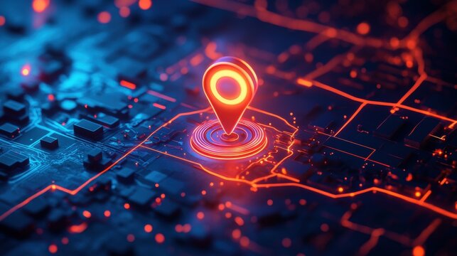Futuristic digital map with glowing red location pin highlighting navigation technology. - Powered by Adobe