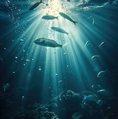 Fish swim in the vast ocean, and the sun shines through the blue water, illuminating small bubbles on the surface of the deep sea. A school or school of small fish can be seen underwater.