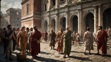 Ancient Rome street scene with people walking