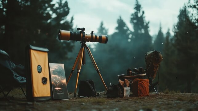 Setting up for a night of stargazing, telescope on tripod, camera gear, and astronomy guide ready