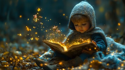Enchanting forest adventure: child reading magic book with glowing fairies at night