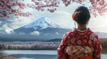 Woman in floral kimono gazing at Mount Fuji amidst cherry blossoms under a serene sky.