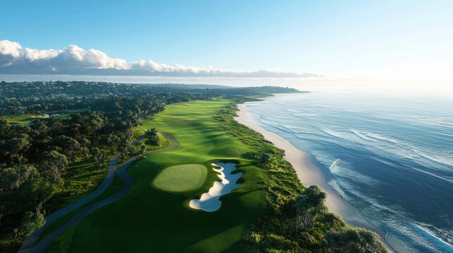 Scenic coastal golf course with lush greenery and ocean view at sunrise.