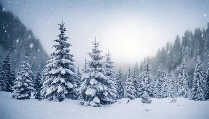 Fototapeta premium Frosty winter landscape in snowy forest. Christmas background with fir trees and blurred