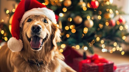 Festive Golden Retriever beside Christmas tree in HD quality