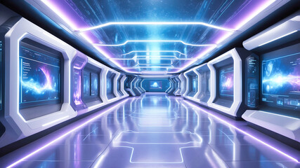Interior of a futuristic high tech corridor on a space ship or space station