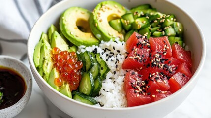 Vibrant Sushi Bowl with Fresh Ingredients and Tasty Garnishments