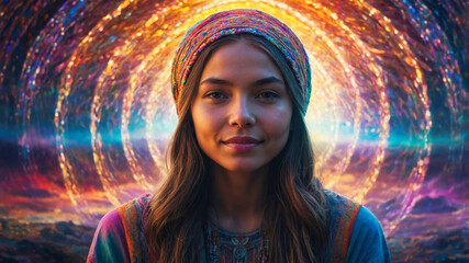 A radiantly glowing young woman with a serene smile, dream and meditation concept