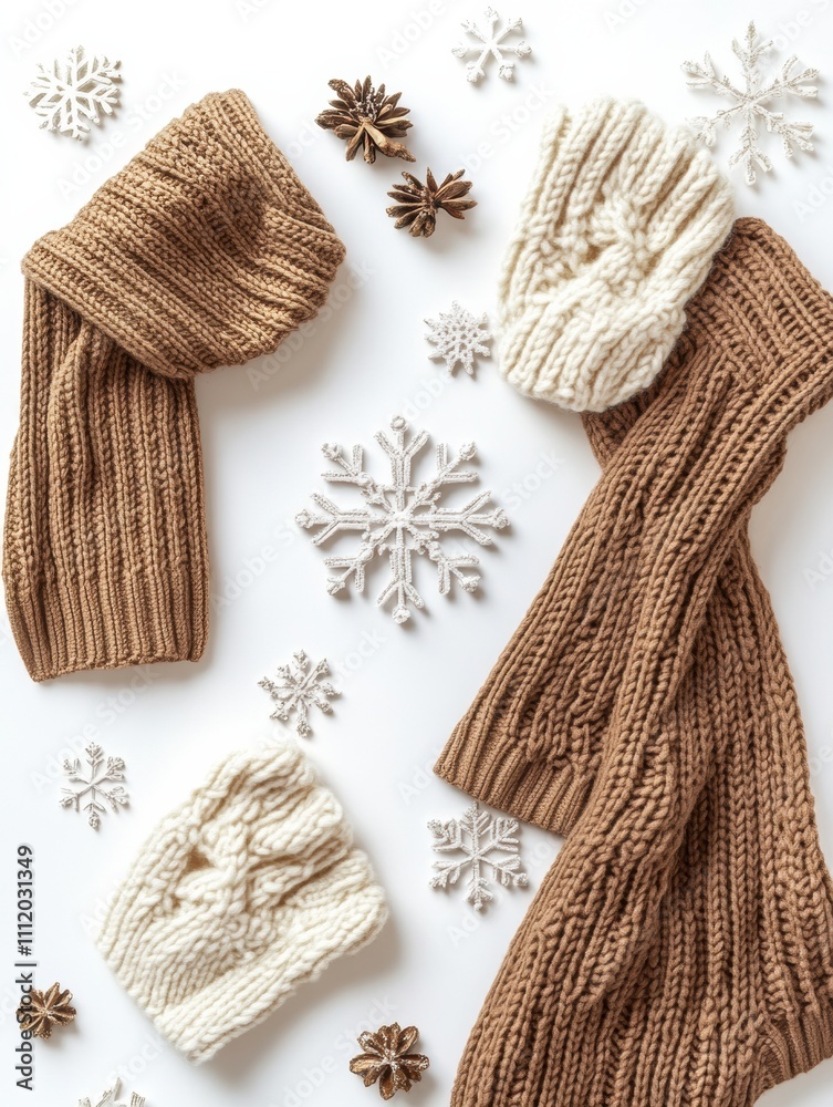 Poster cozy brown gloves and scarf laid out on a white background with delicate snowflakes, creating a perf