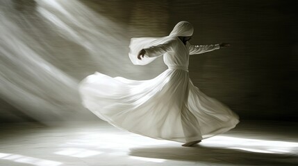 Mesmerizing Whirling Dervish Dance in Ethereal Soft Light Embracing Serenity and Spiritual Flow