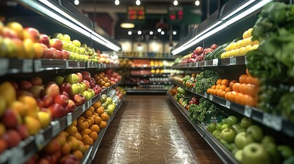 An empty green grocer stall, sitting on in amongst a supermarket fruit and veg aisle.