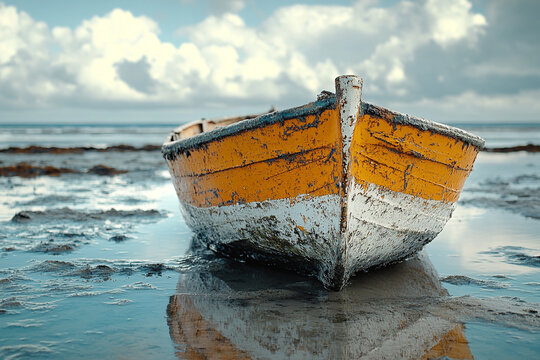Old weathered boat rests on a tranquil beach shore