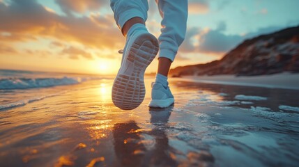 Jogger running along the beach during golden hour, with glowing ocean reflection and foamy waves. Active lifestyle, fitness motivation, coastal sunset, scenic nature moment.