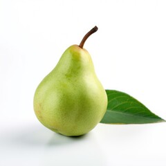 Single ripe green pear with leaf.