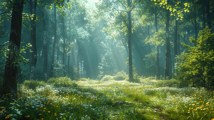 Fototapeta premium Sunlight beams filter through the dense, lush forest, creating a magical and serene atmosphere ideal for themes of nature, tranquility, and meditation