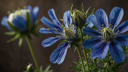 Vibrant blue Nigella flower with delicate petals and green tendrils against a muted background