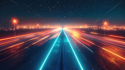 A straight road with colorful trails stretching toward a horizon, night cityscape.