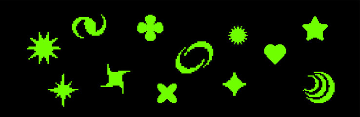 A retro inspired pixel set with icons like arrows, stars, and sparkles, capturing the Y2K and 80s digital feel. Perfect for tech graphics and retrowave designs.