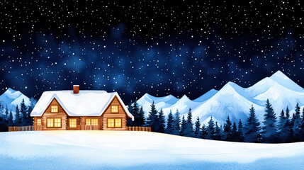 Fototapeta premium serene winter scene featuring cozy mountain lodge surrounded by snow covered trees and mountains under starry night sky
