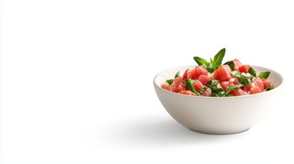 Fresh Salsa with Diced Tomatoes, Basil, and Onion in White Bowl