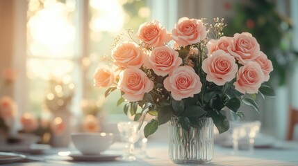 Romantic table centerpiece with roses. Generative AI