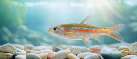 shimmering fish swims gracefully among colorful pebbles in serene underwater scene, showcasing its vibrant colors and delicate fins