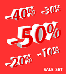 Set of isometric denomination of discounts of Christmas New Year sales. 10, 20, 30, 40 and 50% discounts on purchases. Templates for invitation, banners, brochures print. Vector on red background