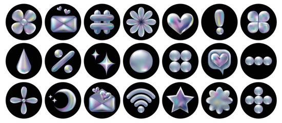 3d holographic retro 90 icons set. Chrome Heart, Star, Hashtag, Envelope, Wi-Fi, Daisy Flowers, Moon,  abstract shapes isolated on black. Future galaxy aesthetic, 3D chrome bubble art. Metal glossy st