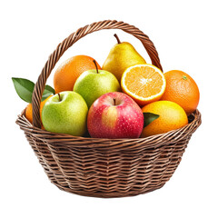 Fruit basket with apples, oranges, and pears, isolated on a white background