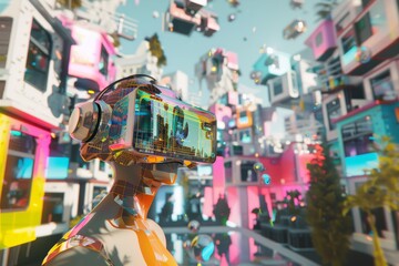A virtual reality experience of futuristic homes filled with vibrant colors and cutting-edge designs, illustrating the blend of technology and creativity in modern living.