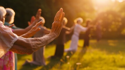 A group of elderly people practice tai chi together in a sunlit garden, their hands gracefully outstretched in a calming and collective exercise session.