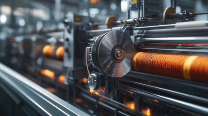 Obraz premium Close-up of a textile manufacturing machine with vibrant orange threads, showcasing intricate details and modern technology.