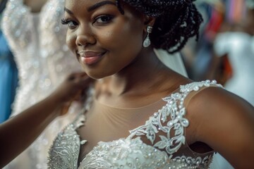 A bride smiles warmly as she gets fitted in an exquisite beaded wedding gown, with intricate details, surrounded by caring attendants in bridal atmosphere.