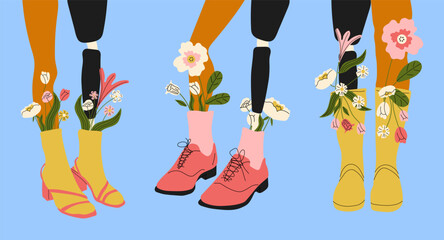 Female legs, including a prosthetic leg, styled in boots with floral details and high socks, showcasing cool and trendy footwear