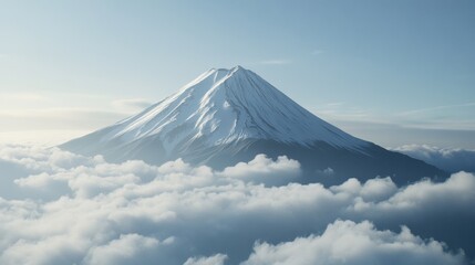 Fototapeta premium Majestic snow-capped mountain peak rises above a blanket of clouds in soft morning light.