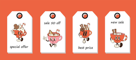 Set of discount price tags. Labels with retro cartoon cup of hot chocolate with marshmallows and a candy cane. Template for shopping tags. Christmas sale.