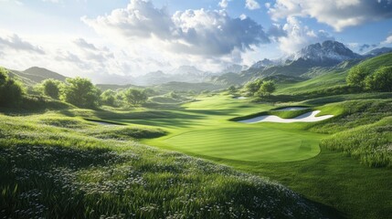 Fototapeta premium A breathtaking view of a lush green golf course surrounded by mountains under a bright blue sky.