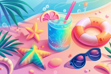 Colorful beachside ensemble showcasing starfish and a refreshing tropical drink, accompanied by sunglasses and a float ring under a bright summer sky.