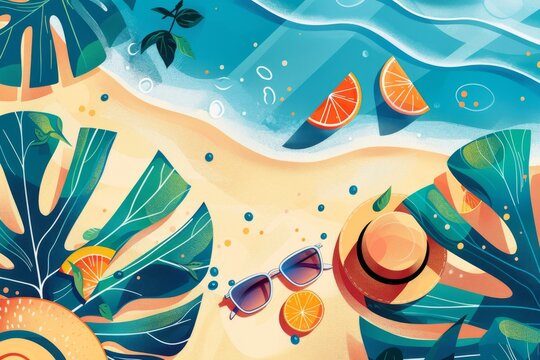 A delightful tropical beach scene featuring sunglasses, a wide-brimmed sun hat, and fresh citrus slices, evoking relaxation and summer vibes by the sea.