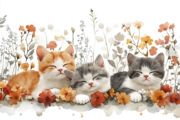 Three sleeping kittens surrounded by colorful flowers in a soft, artistic illustration.