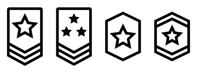 Outline icons of military badges with stars. Editable stroke.