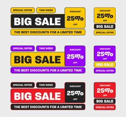 Vector illustration of colorful banner for big sale, geometric flyer set with 25% best discount limited time.