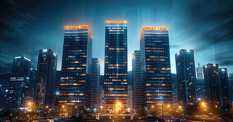 A cluster of modern skyscrapers glowing under the night sky, with glass facades reflecting dynamic light pattern.