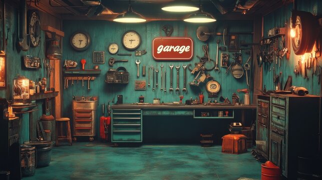Classic car parked in retro-style garage filled with tools, vintage repair shop atmosphere, mechanical workspace, automotive history, nostalgic car restoration, creative industrial vibe.
