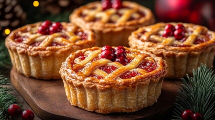 Mini pies with holly-shaped crusts. Generative AI