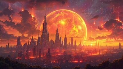 Futuristic city skyline with glowing red planet in the background, fiery sky and clouds. AI generative. .