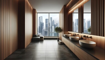 Fototapeta premium Contemporary bathroom with wood paneling, dual sinks, and mirrors. Minimalist style. City view from large windows. 3D Rendering