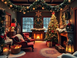 Cozy Christmas Eve in a Rustic Mountain Lodge Living Room AI Generated