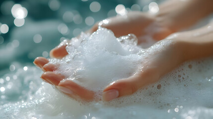 Fototapeta premium Closeup Hands Holding Lather Foam Bubbles